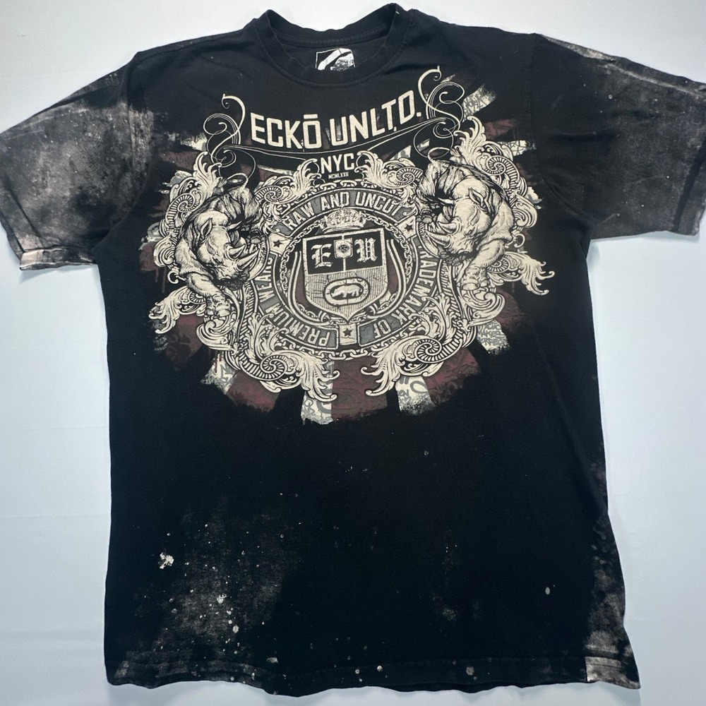 Ecko Unltd Mens XXL Black Graphic T-Shirt Raw and Uncut Rhino Acid Wash Street